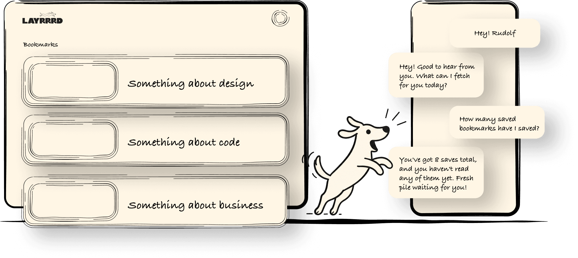 Rudolf fetching a saved bookmark on request, shown across a Layrrrd dashboard and a Telegram chat